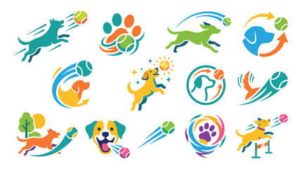 Collection of playful dog icons featuring dogs catching and playing with balls, jumping, and showing happy expressions.