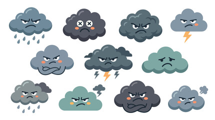 Obraz premium A collection of cartoon clouds displaying various angry and sad emotions, some with rain, lightning, and stormy weather.