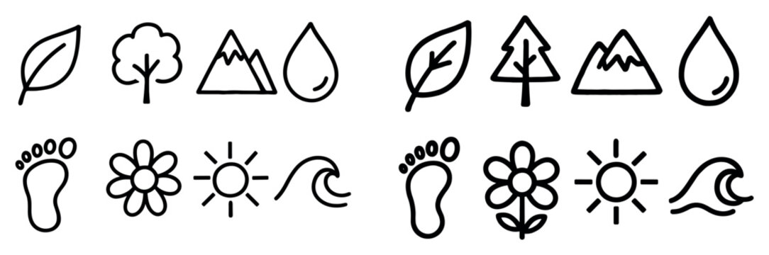 Nature icons with leaf mountain sun flat outline