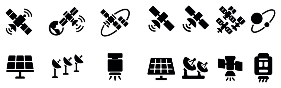 Space icons with satellite dish panel flat