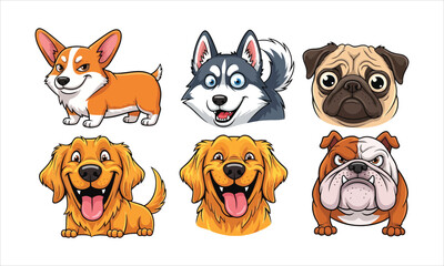 Fototapeta premium Set of adorable cartoon dogs and puppies with golden retriever tongue out white background