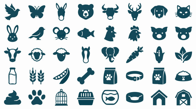Collection of animal, farm, and pet vector silhouette icons