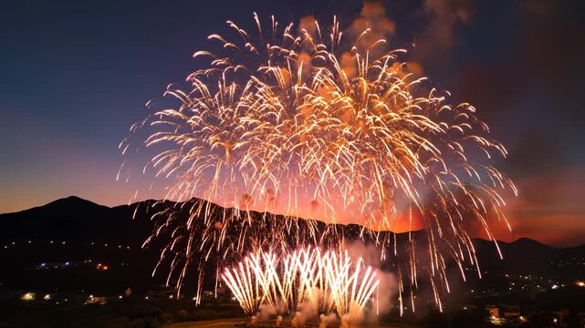 Fireworks display over mountainous landscape ideal for travel vlogs and eco-friendly campaigns