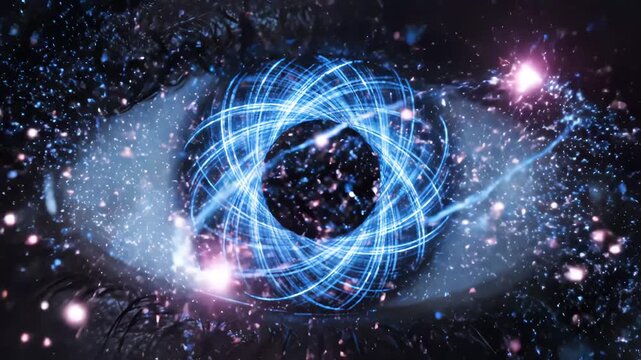 Closeup of an eye with glowing blue lines highlighting geometric patterns and contemporary art