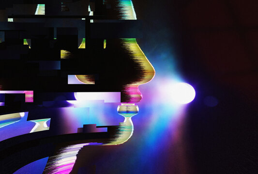 Surreal digital glitch profile with colorful illumination and AI concept