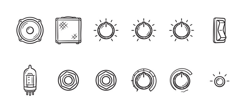 A collection of hand-drawn, black and white icons representing various guitar amplifier components including a speaker, cabinet, vacuum tube, knobs, and a switch.