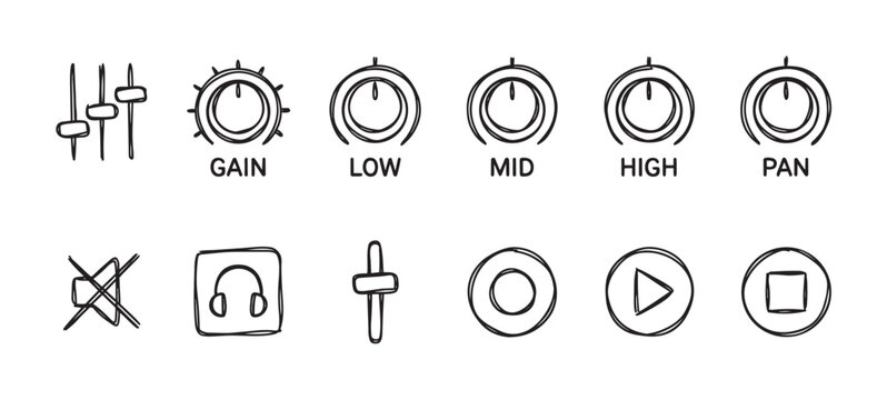 A collection of hand-drawn icons representing audio controls like faders, knobs for gain, low, mid, high, pan, mute, headphones, play and stop.