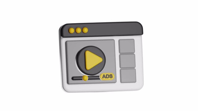 3d ux icon motion popup ad player or video player for interactive websites, online streaming platforms, mobile applications, digital marketing campaigns.