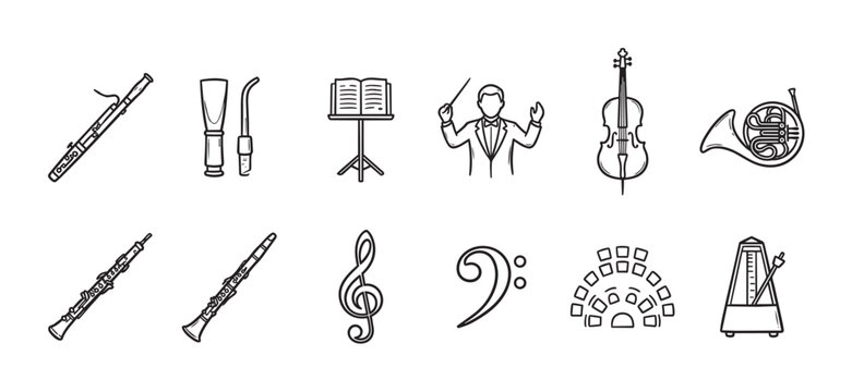 This line art set features various orchestral music elements including instruments, a conductor, and musical symbols, perfect for educational or creative projects.