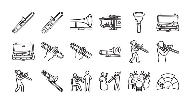 A set of line art illustrations depicting trombones, musicians playing trombones, and musical elements, suitable for educational or performance-related content.
