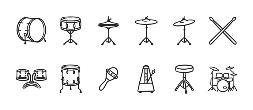 A collection of black and white line art icons depicting various musical instruments, including drums, cymbals, a metronome, and a maraca, perfect for educational or creative projects.