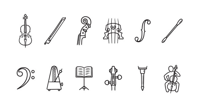 A clean line art collection of music symbols including instruments like violin, cello, bass clef, metronome, and conductor's baton.