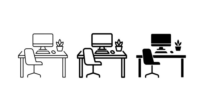 Modern Office Desk Setup, Computer Workstation Icons, Minimalist Home Office Design