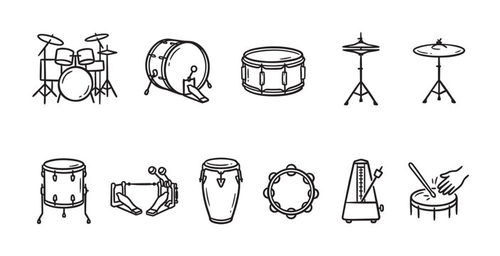 A collection of line art icons depicting various drum kit components and percussion instruments, ideal for music and rhythm related designs.