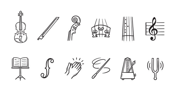 A collection of black and white line art icons representing various musical elements, including a violin, bow, treble clef, music stand, and metronome.