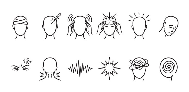 A collection of minimalist black and white line icons visually representing various forms of head pain, stress, and discomfort, perfect for medical or psychological concepts.