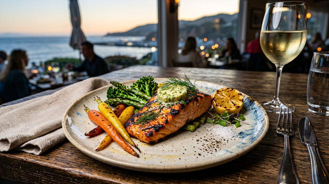 Grilled salmon dinner with vegetables and white wine at seaside sunset restaurant