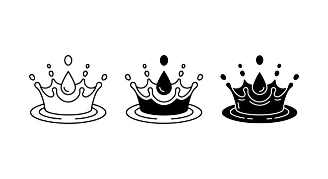 three black and white crowns on water droplets with bubbles in SVG format