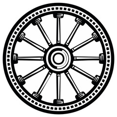 Obraz premium Detailed vector illustration of a wagon wheel in black and white showcasing radial symmetry and a traditional design aesthetic.