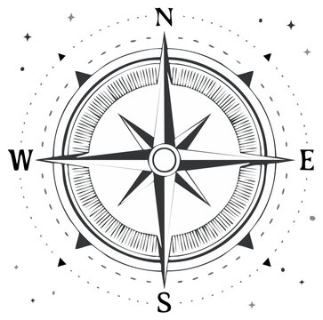 Vintage compass rose with directional arrows and celestial elements for navigation and exploration