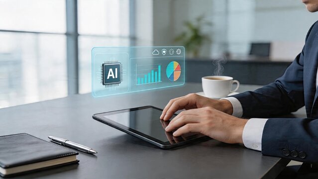 Businessman using tablet analyzing artificial intelligence holographic data with cloud computing security bar chart graph pie diagram icons on office desk technology innovation