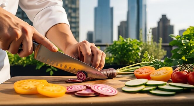Chef cutting fresh organic purple beet on a wooden board outdoors