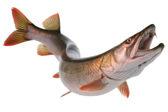 A large northern pike fish with open mouth and sharp teeth isolated on white background