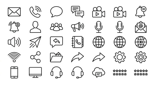 Classic communication UI outline icons set with editable stroke for website messaging contact and support systems