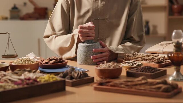 Direct close-up of practitioner pounding herbs in stone mortar. Angelica, ginseng, spatholobus and licorice on table emphasize manual traditional Chinese medicine processing.