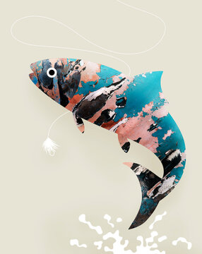 Leaping fish illustration with weathered texture and fly-fishing theme