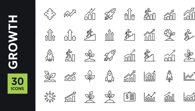 Business growth icon set, 30 thin line vector icons for financial success and progress, professional data charts and startup rocket symbols