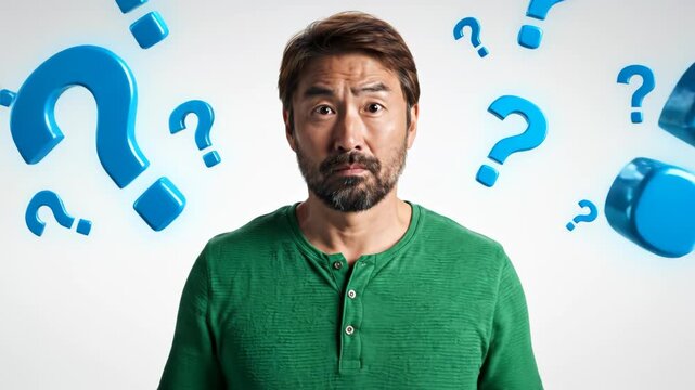 Man with question marks around his head emphasizing human connection and authentic emotions