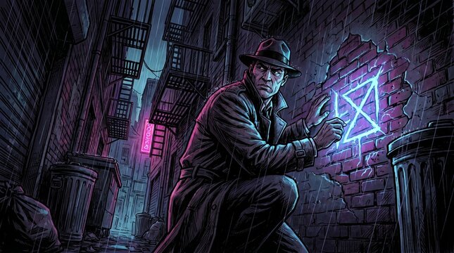 Detective finding glowing clue in rainy alley graphic novel