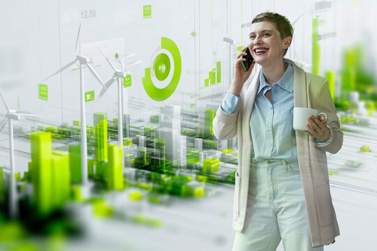 Smiling businesswoman on phone holding coffee surrounded by digital eco city