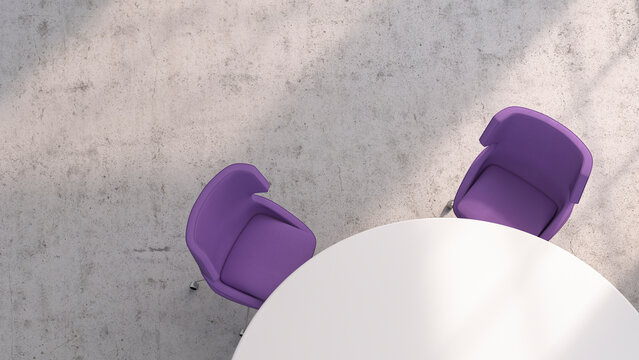 Directly above view of empty purple chairs at a round table