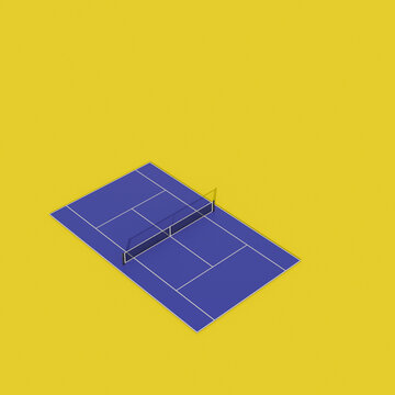 3D rendering of a blue tennis court on a yellow background