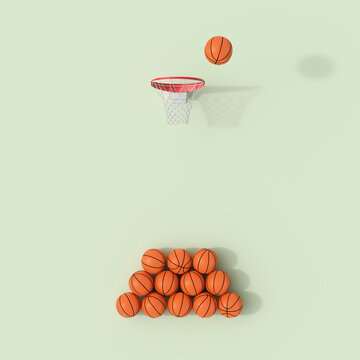 3D render of basketball hoop and stacked balls on green