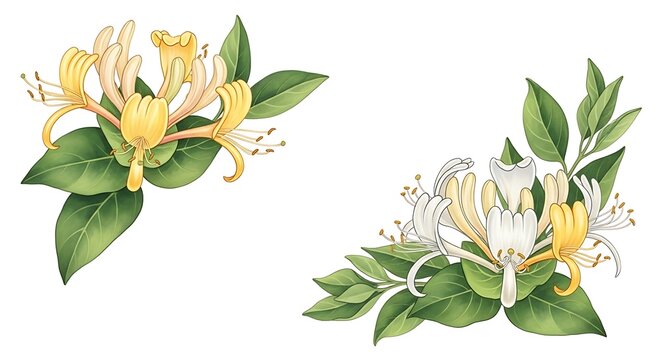Detailed honeysuckle flower bouquets with green leaves isolated on white