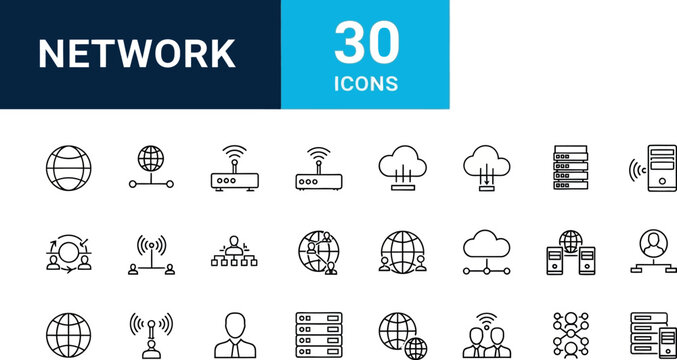 Network line icons set, 30 professional computer networking and data infrastructure symbols, modern thin outline web icons for IT and cloud technology