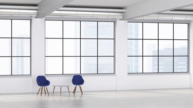 Modern empty loft interior with blue chairs and large windows