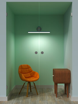 3D rendering of a green office cabin with an orange chair