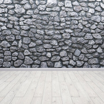 Empty modern room with grey stone wall and light wooden floor