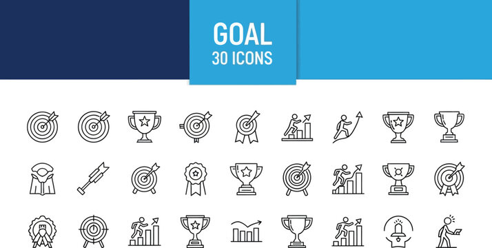Business goal line icons set, 30 target and achievement vector symbols, success and motivation thin line pictograms for corporate strategy