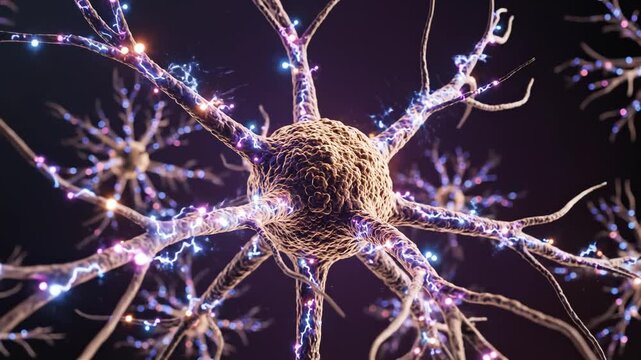 Neuron cell with electrical signals symbolizing conceptual art and dynamic energy