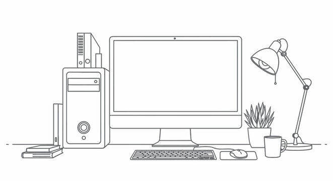 Minimalist desktop computer setup with monitor lamp and accessories vector illustration