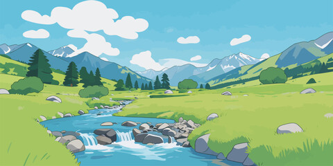 Scenic Valley Stream Landscape with Snow Capped Mountains © hakule