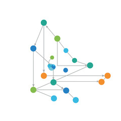 Obraz premium Abstract network graph with colorful nodes and directed arrows, data flow, connections, complex structure