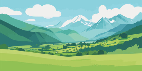 Scenic Valley Mountain Landscape With Terraced Fields Under Blue Sky © hakule