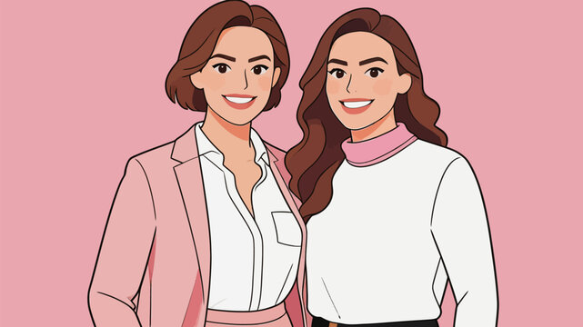 Two Smiling Female Friends in Stylish Pink and White Outfits