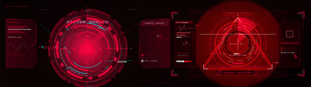 Futuristic red cybersecurity HUD interface with breach detected warning, circular target scanner, triangle alert symbol, panels, and dark grid